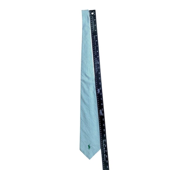 Polo Ralph Lauren Mens Green/White Cotton Striped Tie Embroidered Logo USA Made - Picture 7 of 9